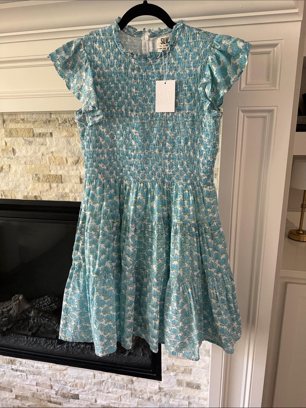 SLV Sur La Vague Aqua Floral Smocked Mini Dress Size 6 NWT Flutter Sleeves Lined - Picture 2 of 6